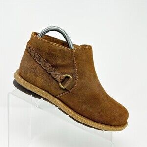 Born Toya Womens Brown Suede Ankle Booties Side Zip Braided Strap Flat Size 7